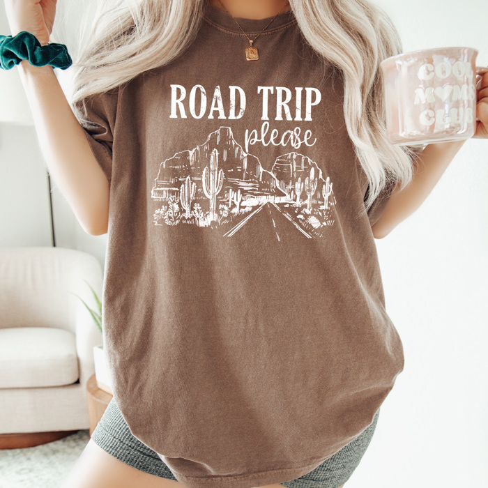 Road Trip Please Graphic Tee, Desert Highway Tee, Summer Vacation Comfort Colors Tee