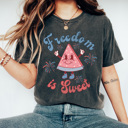 Large Pepper Freedom Is Sweet Comfort Colors Tee, Patriotic Watermelon Character Shirt, 4th Of July Fire Works Tee