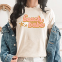 Large Cream Beach Babe Summer Graphic Tee, Beach Vacation Shirt, Swimsuit Cover Beach Tee