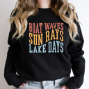 Large Black Boat Waves Sun Rays Lake Days Fleece Sweatshirt, Summer Lake Pull Over, Boat Rides Sweatshirt