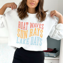 Small White Boat Waves Sun Rays Lake Days Fleece Sweatshirt, Summer Lake Pull Over, Boat Rides Sweatshirt