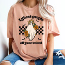 Small Peachy I Ghost People All Year Round Comfot Colors Tee, Halloween Ghost Graphic Tee, Fall Trendy Ghost Printed Tee