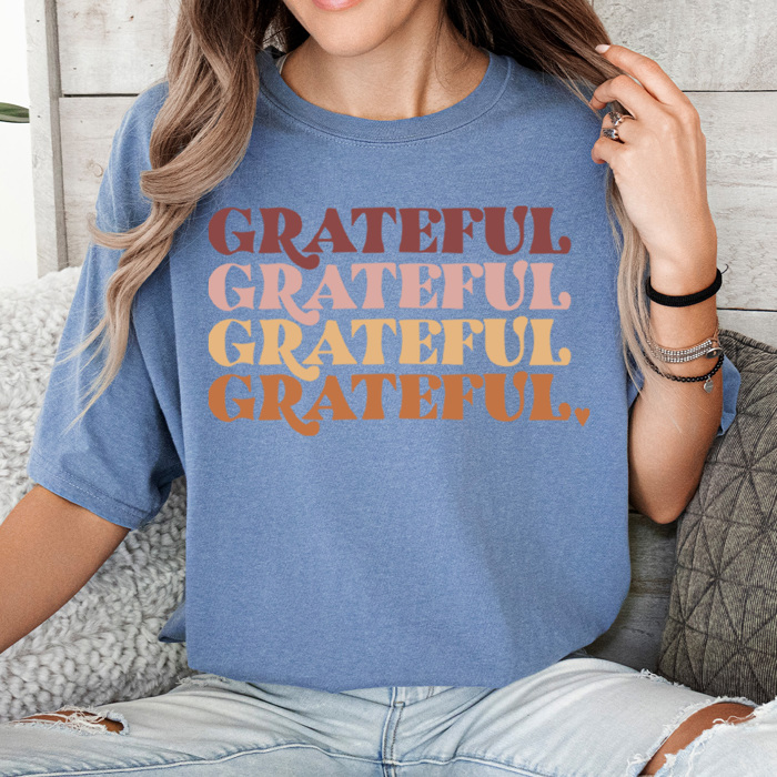 Grateful Stacked Comfort Colors Tee, Thankful Graphic Tee, Thanksgiving Printed Tee