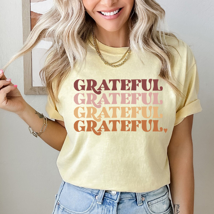 Grateful Stacked Comfort Colors Tee, Thankful Graphic Tee, Thanksgiving Printed Tee