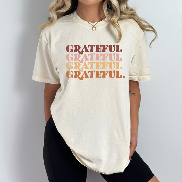 Grateful Stacked Comfort Colors Tee, Thankful Graphic Tee, Thanksgiving Printed Tee