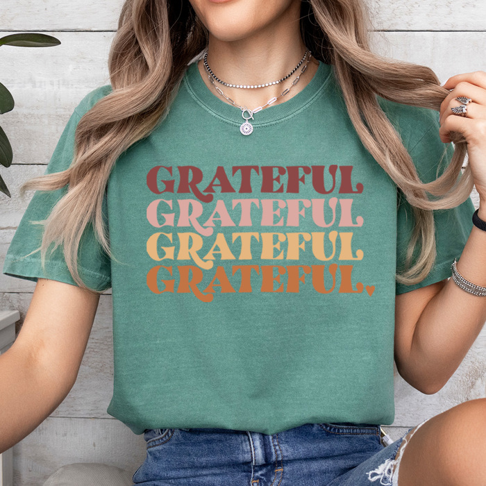 Grateful Stacked Comfort Colors Tee, Thankful Graphic Tee, Thanksgiving Printed Tee