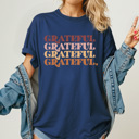 Medium Navy Grateful Stacked Comfort Colors Tee, Thankful Graphic Tee, Thanksgiving Printed Tee