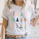 XXL Ash Gray Boho Pastel Holiday Tree Grid Graphic Tee, Christmas Trees Shirt 