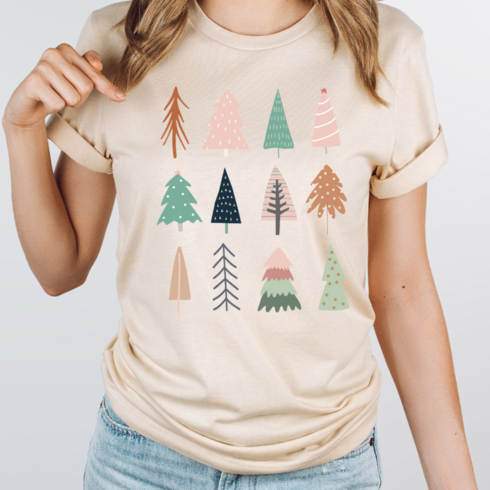 Boho Pastel Holiday Tree Grid Graphic Tee, Christmas Trees Shirt 