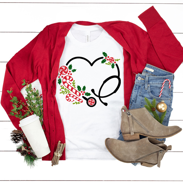 Christmas Nurse Stethoscope Graphic Tee, Holiday Graphic Shirt, Candy Cane  