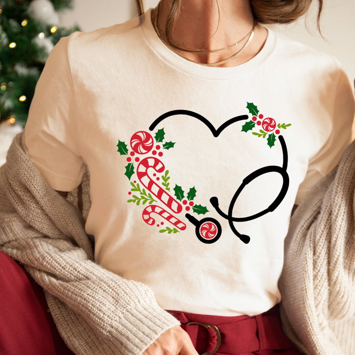 Christmas Nurse Stethoscope Graphic Tee, Holiday Graphic Shirt, Candy Cane  