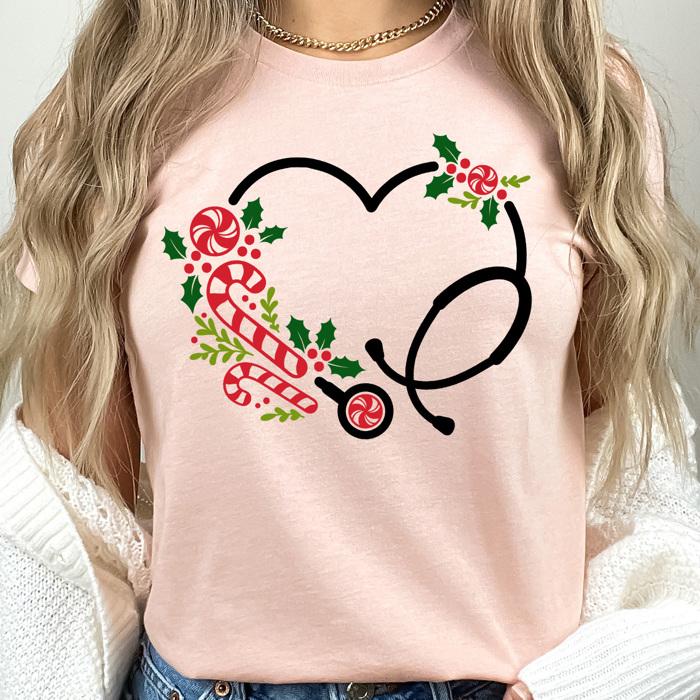 Christmas Nurse Stethoscope Graphic Tee, Holiday Graphic Shirt, Candy Cane  