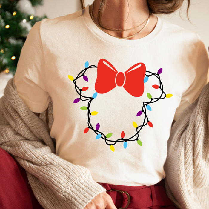 Christmas Light Girl Mouse Graphic Tee, Theme Park Holiday Graphic, Christmas Mouse Shirt