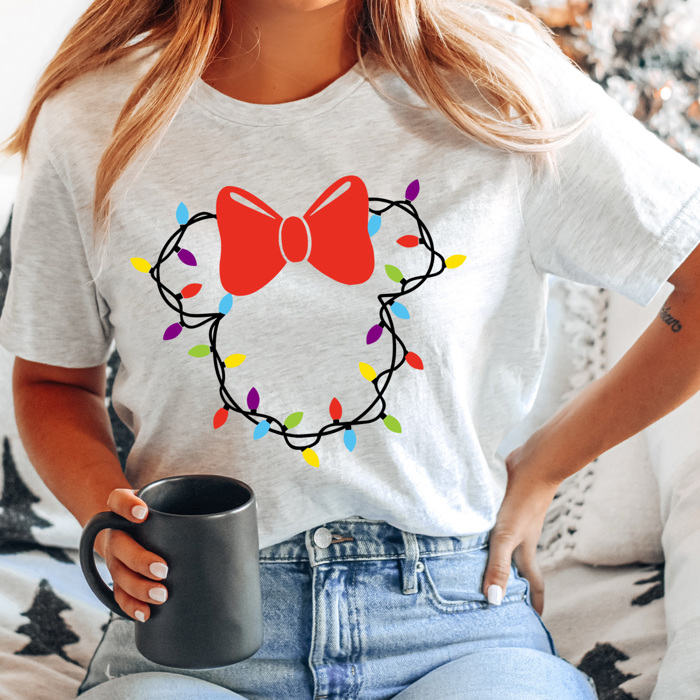 Christmas Light Girl Mouse Graphic Tee, Theme Park Holiday Graphic, Christmas Mouse Shirt