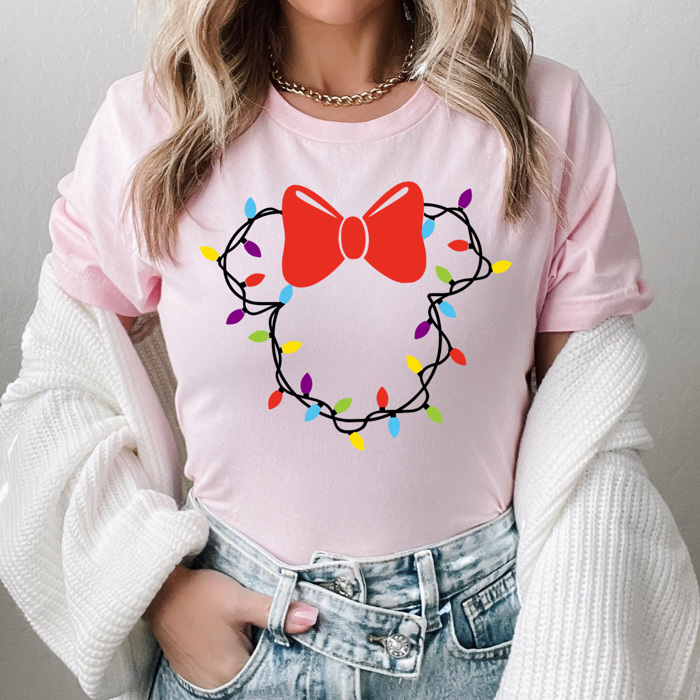 Christmas Light Girl Mouse Graphic Tee, Theme Park Holiday Graphic, Christmas Mouse Shirt