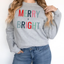 Small Athletic Heather Merry + Bright Fleece Sweatshirt, Christmas Pullover, Holiday Graphic 