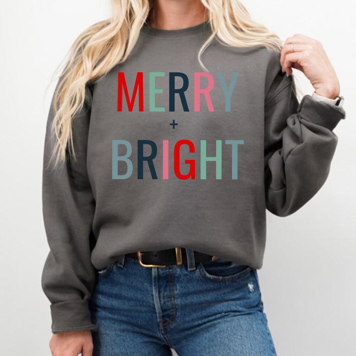 Merry + Bright Fleece Sweatshirt, Christmas Pullover, Holiday Graphic 