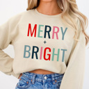 XL Sand Merry + Bright Fleece Sweatshirt, Christmas Pullover, Holiday Graphic 