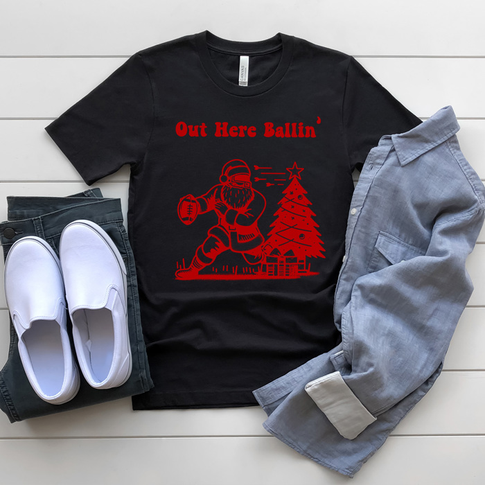 Out Here Ballin' Football Santa Men's Graphic Tee, Sports Christmas Shirt, Christmas Gift For Husband 