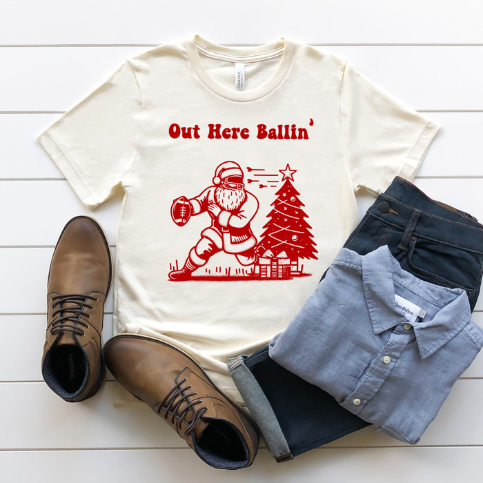 Out Here Ballin' Football Santa Men's Graphic Tee, Sports Christmas Shirt, Christmas Gift For Husband 
