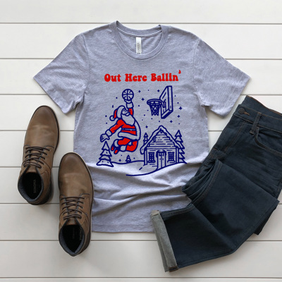 Out Here Ballin' basketball Santa Men's Graphic Tee, Sports Christmas Shirt, Christmas Gift For Husband