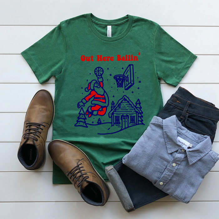 Out Here Ballin' basketball Santa Men's Graphic Tee, Sports Christmas Shirt, Christmas Gift For Husband