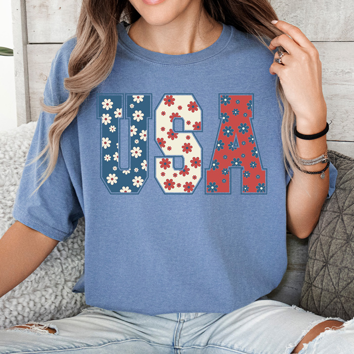 Floral USA Comfort Colors Tee, Patriotic Flower Shirt, 4th Of July Tee
