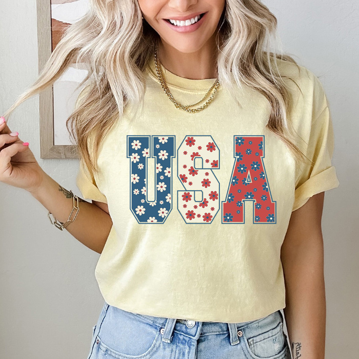 Floral USA Comfort Colors Tee, Patriotic Flower Shirt, 4th Of July Tee