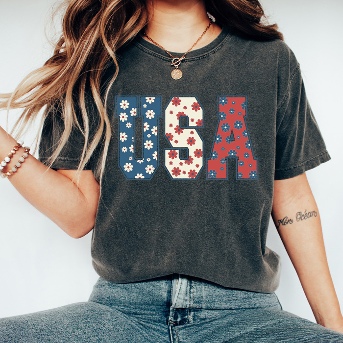 Floral USA Comfort Colors Tee, Patriotic Flower Shirt, 4th Of July Tee
