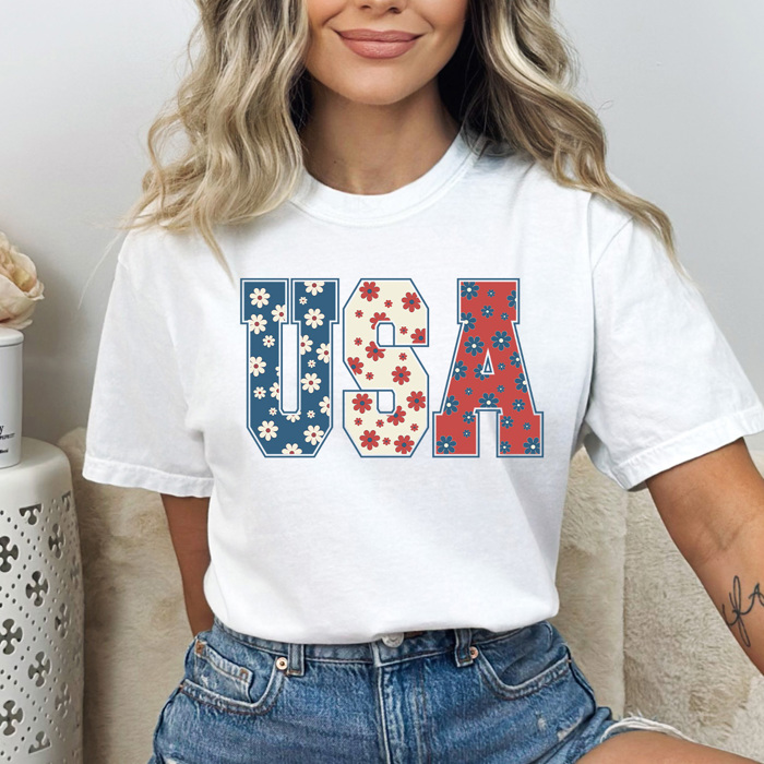 Floral USA Comfort Colors Tee, Patriotic Flower Shirt, 4th Of July Tee