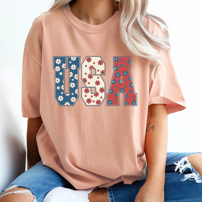 Floral USA Comfort Colors Tee, Patriotic Flower Shirt, 4th Of July Tee