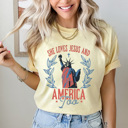Medium Butter She Loves Jesus And America Too Comfort Colors Tee, Partiotic Staue Of Liberty Shirt, 4th Of July Tee