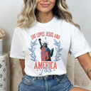 Small White She Loves Jesus And America Too Comfort Colors Tee, Partiotic Staue Of Liberty Shirt, 4th Of July Tee