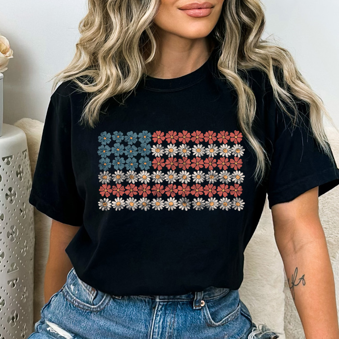 Daisy Floral American Flag Comfort Colors Tee, 4th Of July Shirt, Patriotic Checkered Tee