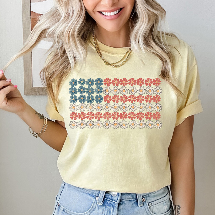 Daisy Floral American Flag Comfort Colors Tee, 4th Of July Shirt, Patriotic Checkered Tee