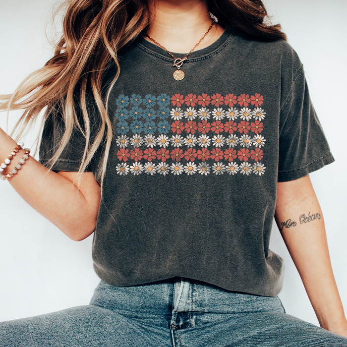 Daisy Floral American Flag Comfort Colors Tee, 4th Of July Shirt, Patriotic Checkered Tee