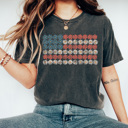 XL Pepper Daisy Floral American Flag Comfort Colors Tee, 4th Of July Shirt, Patriotic Checkered Tee