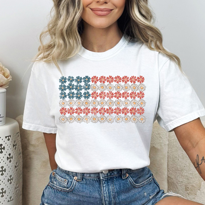 Daisy Floral American Flag Comfort Colors Tee, 4th Of July Shirt, Patriotic Checkered Tee