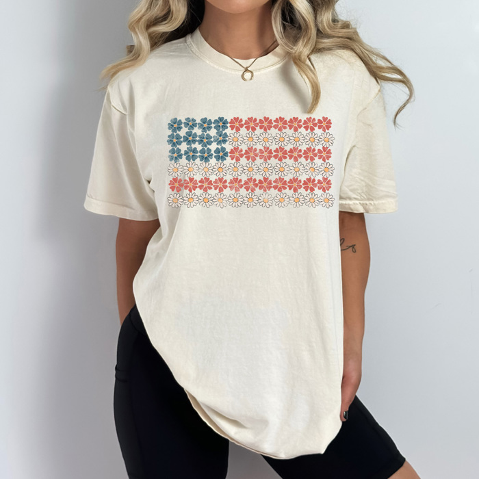 Daisy Floral American Flag Comfort Colors Tee, 4th Of July Shirt, Patriotic Checkered Tee