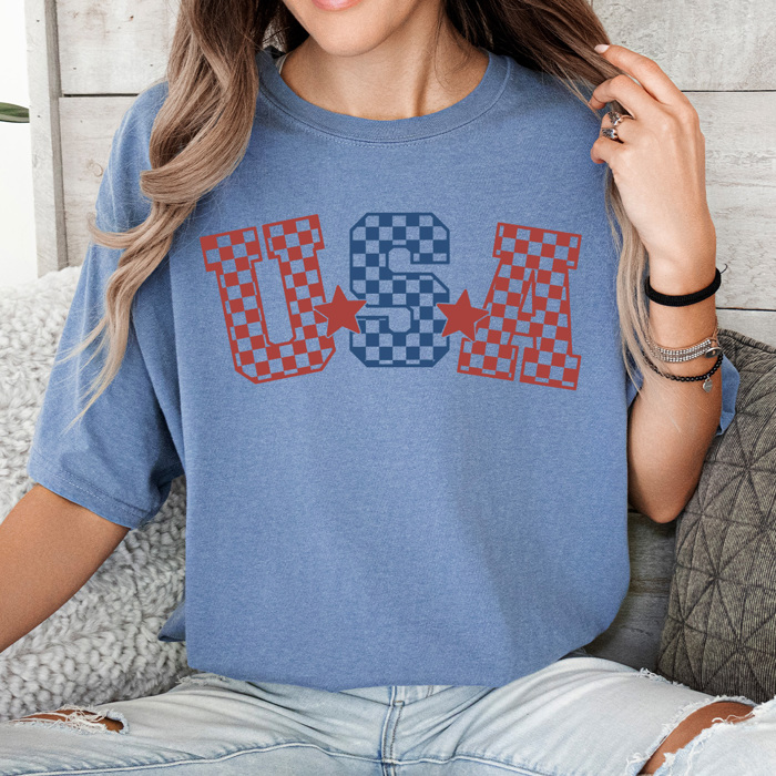 USA Checkered Comfort Colors Tee, Patriotic Checkered Shirt, 4th Of July Tee