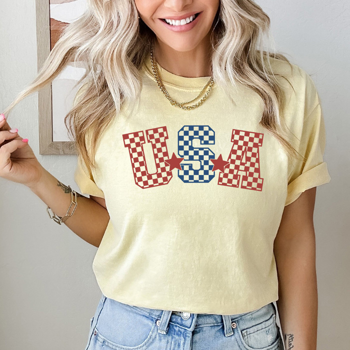 USA Checkered Comfort Colors Tee, Patriotic Checkered Shirt, 4th Of July Tee