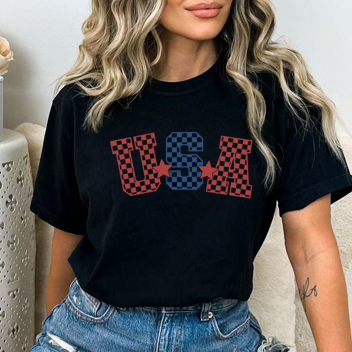 USA Checkered Comfort Colors Tee, Patriotic Checkered Shirt, 4th Of July Tee