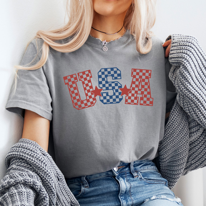 USA Checkered Comfort Colors Tee, Patriotic Checkered Shirt, 4th Of July Tee