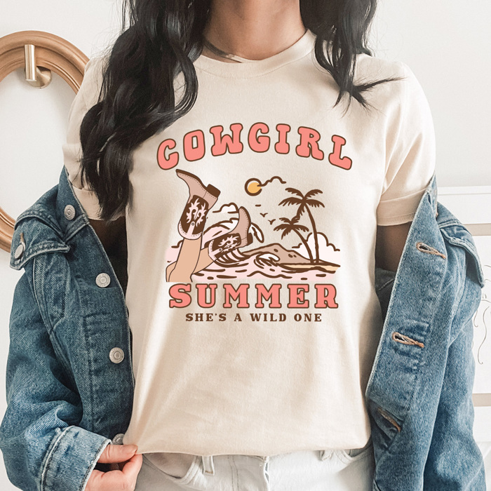 Cowgirl Summer Beach Graphic Tee, She's A Wild One Shirt, Western Beach Shirt