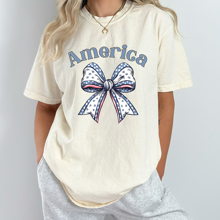 America Stars And Stripes Bow Comfort Colors Tee, Coquette Patriotic Bow Shirt, American Tee