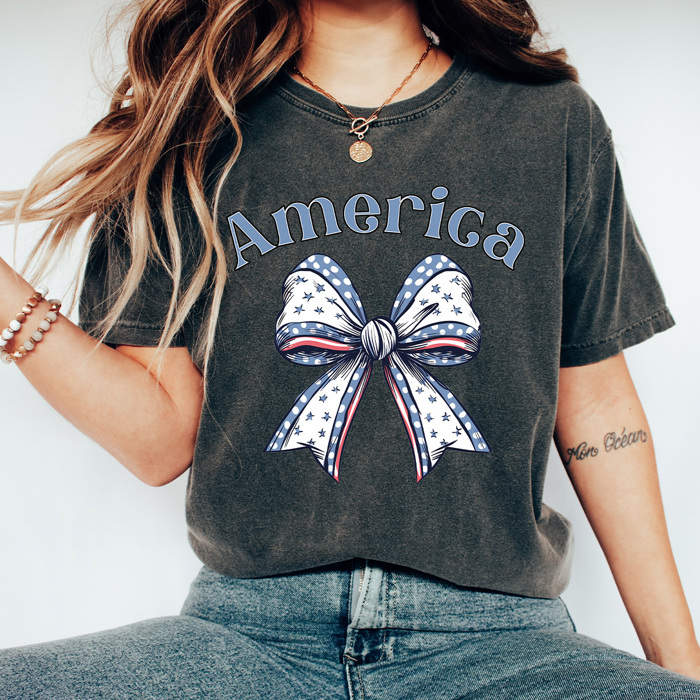America Stars And Stripes Bow Comfort Colors Tee, Coquette Patriotic Bow Shirt, American Tee