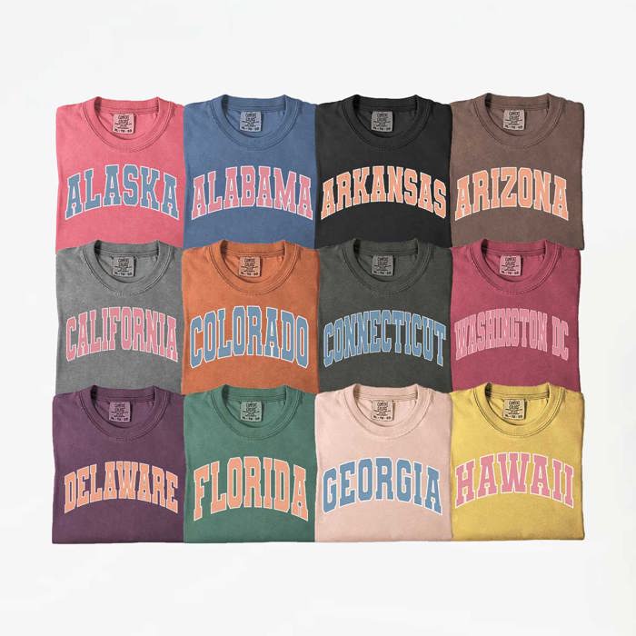 US States Varsity Font Comfort Colors Tee, America States Shirt, Home State Tee