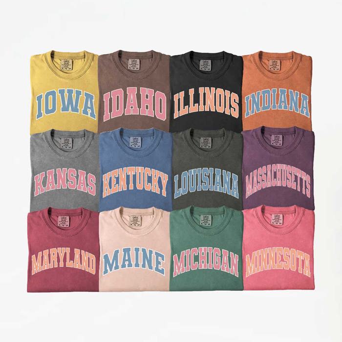US States Varsity Font Comfort Colors Tee, America States Shirt, Home State Tee