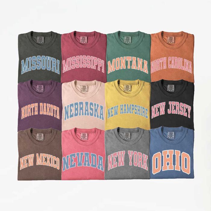 US States Varsity Font Comfort Colors Tee, America States Shirt, Home State Tee