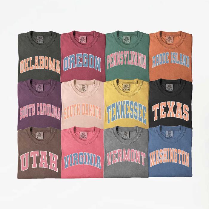 US States Varsity Font Comfort Colors Tee, America States Shirt, Home State Tee